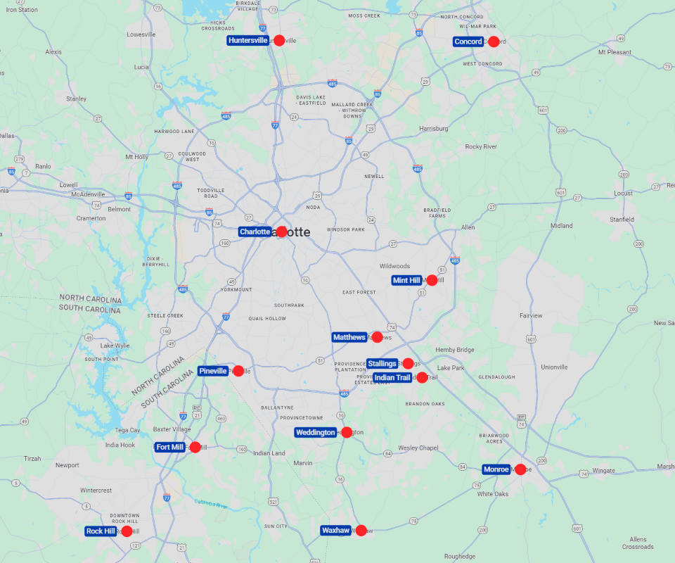 Map of areas we serve surrounding Indian Trail, NC